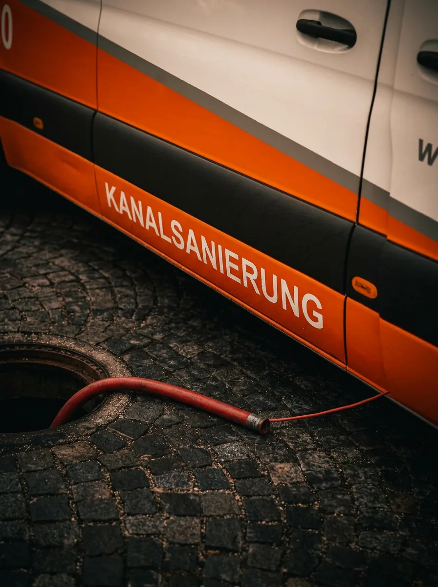 Einsatzfahrzeug mit der Aufschrift Kanalsanierung, ein Schlauch führt in einen Schacht im Pflaster